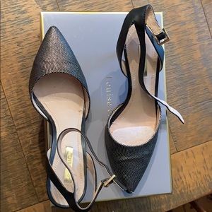 Louis Et Cie black and gold kitten heels